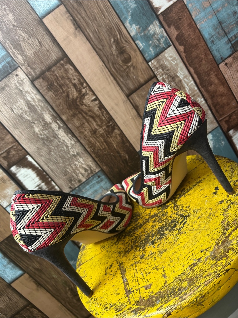 Madison Chevron Woven Pointed-Toe Stilettos in Red, Yellow, Black & White - Picture 12 of 15